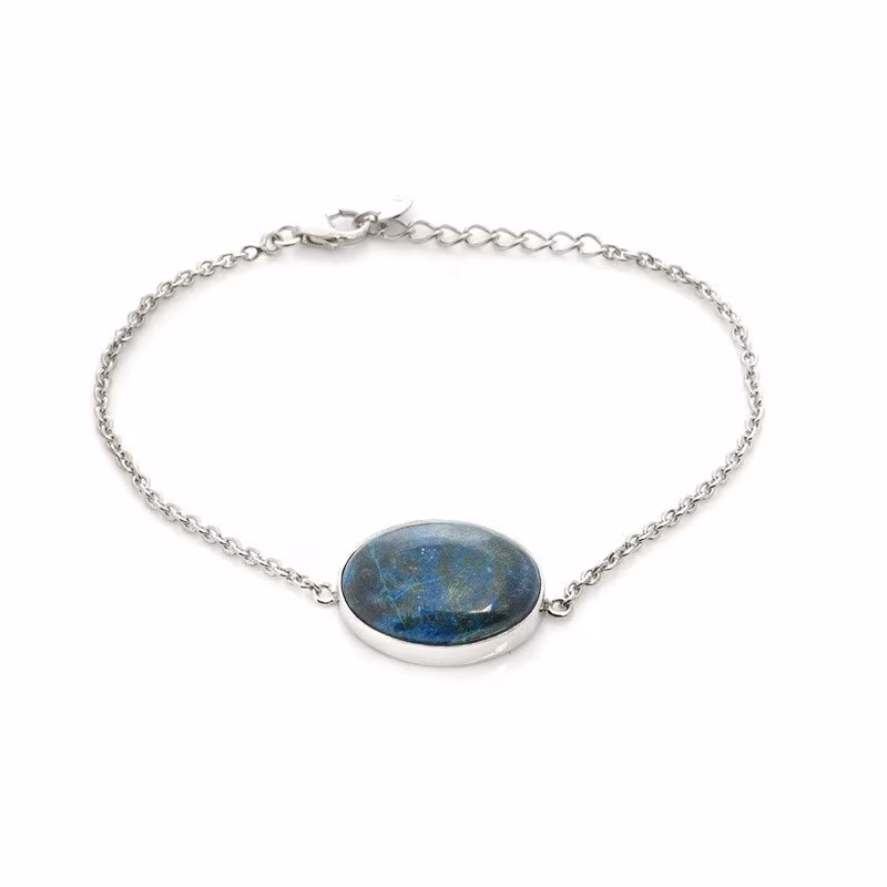 Bracciale in shattuckite blu, argento 925 rodiato, lunghezza regolabile 16+2,5 cm