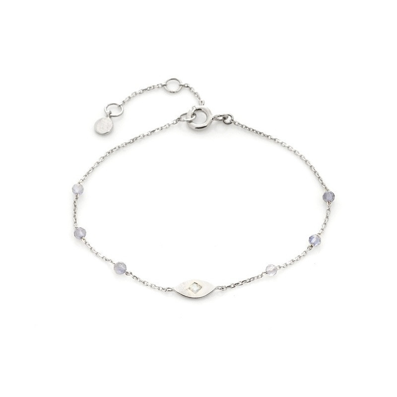 Mondstein- und Iolith-Armband, rhodiniertes 925er Silber, verstellbar 15,5+3 cm