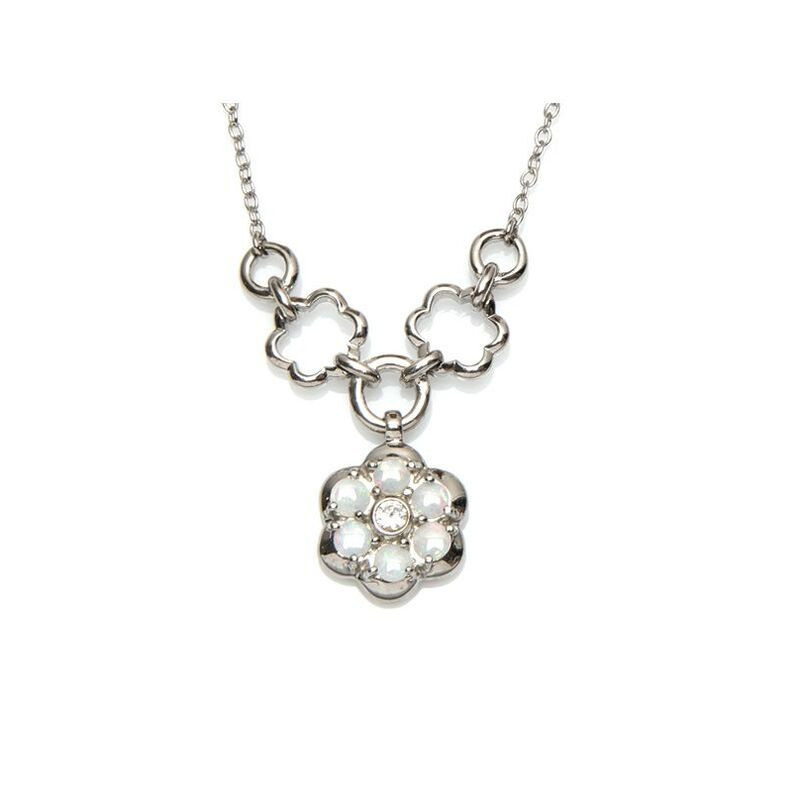 Collana a forma di fiore in opale e ossido di zirconio, argento 925 rodiato, 41+4 cm