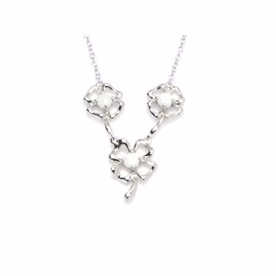 Collier fleur en opale blanche, argent 925 rhodié, longueur ajustable 42+3 cm