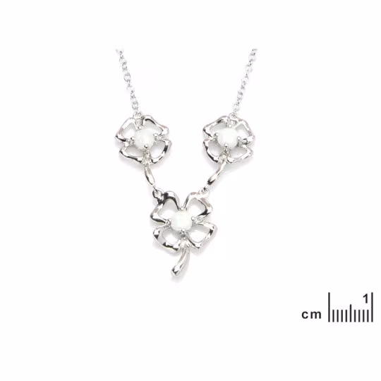 Collier fleur en opale blanche, argent 925 rhodié, longueur ajustable 42+3 cm