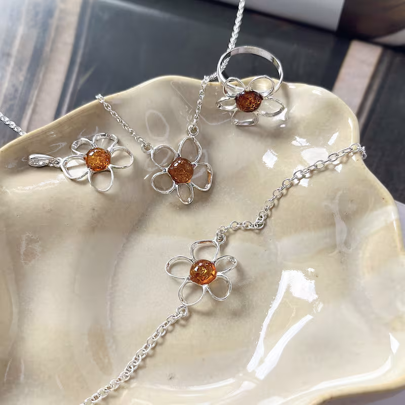 Collier en ambre cognac naturel, argent 925, ajustable 42+4 cm