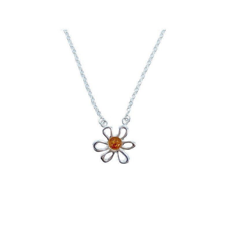 Collier fleur en ambre cognac naturel rond, en argent 925, longueur 41+4 cm