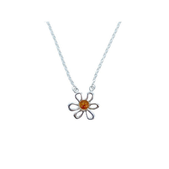 Collier fleur en ambre cognac naturel rond, en argent 925, longueur 41+4 cm
