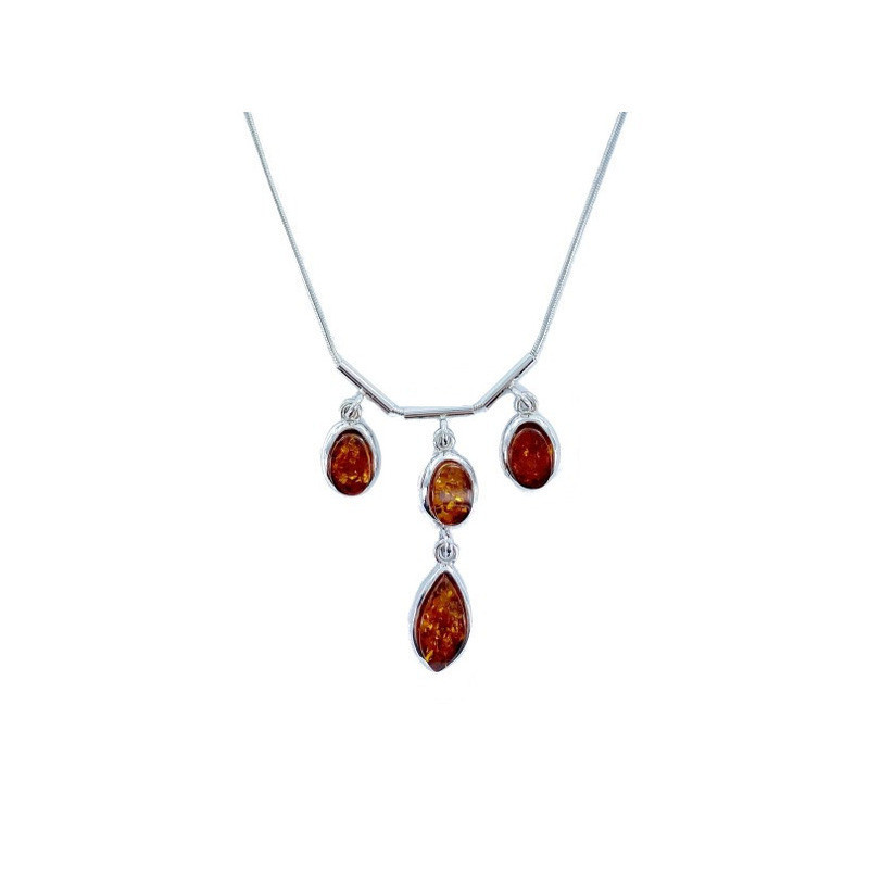 Natural Baltic Sea cognac amber necklace, navette, 925 silver