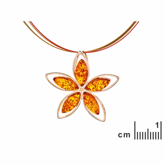 Collier fleur en ambre cognac naturel navette, en argent 925