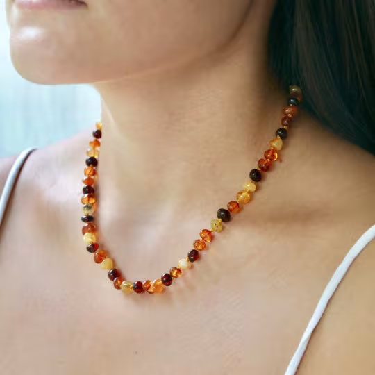 Natural multi-colored baroque Baltic amber necklace, length 42 cm