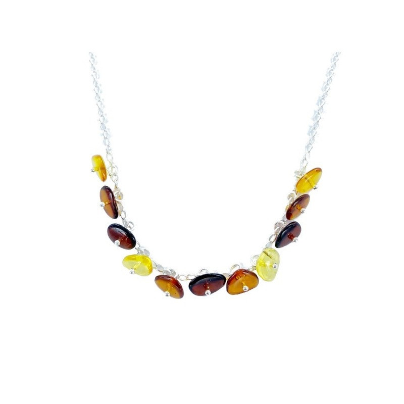 Multicolored amber necklace, 925 silver, adjustable length 42+4 cm