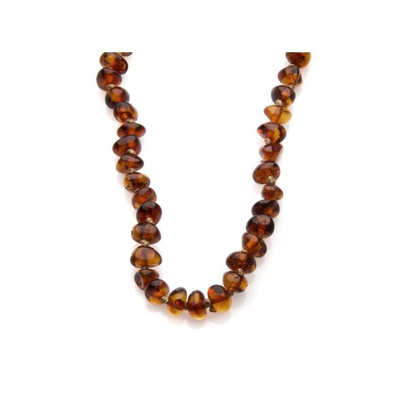 Collana per noenati in ambra color cognac, chiusura a clip, lunghezza 32 - 33 cm
