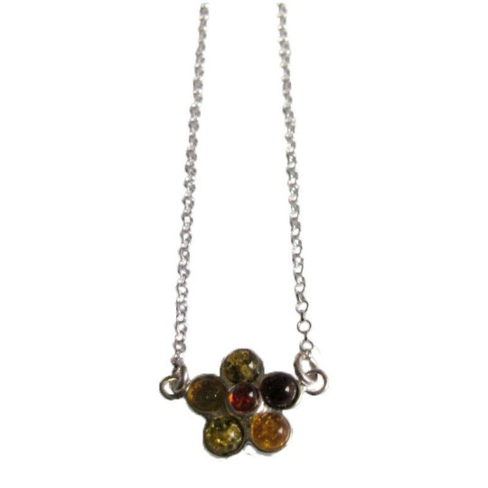 Collier en ambre multicolore naturel de la mer Baltique rond, en argent 925