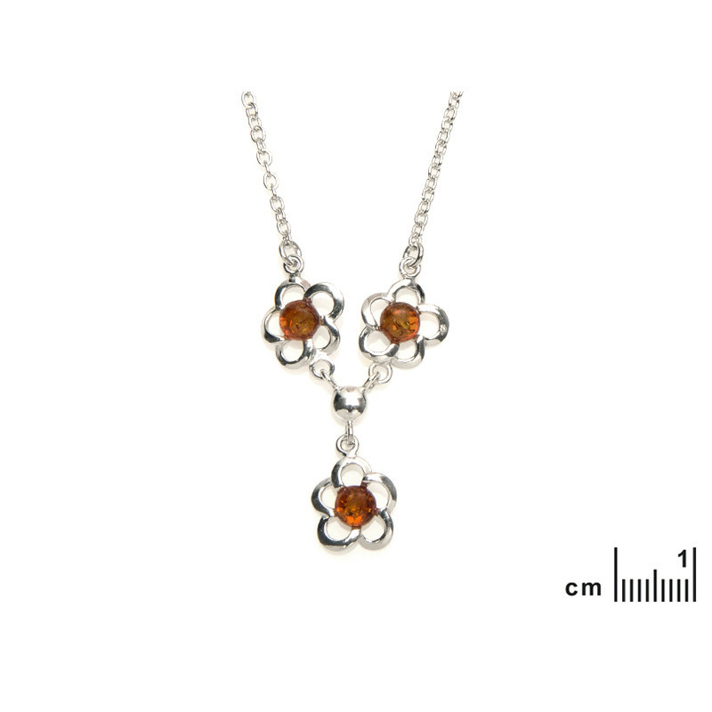 Collar de flores en ámbar coñac, plata 925 rodiada, largo ajustable 43+4 cm