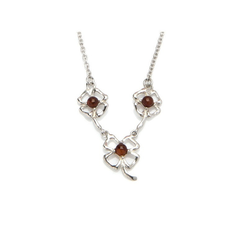 Collana in ambra naturale color cognac, argento 925 rodiato, 42+3 cm