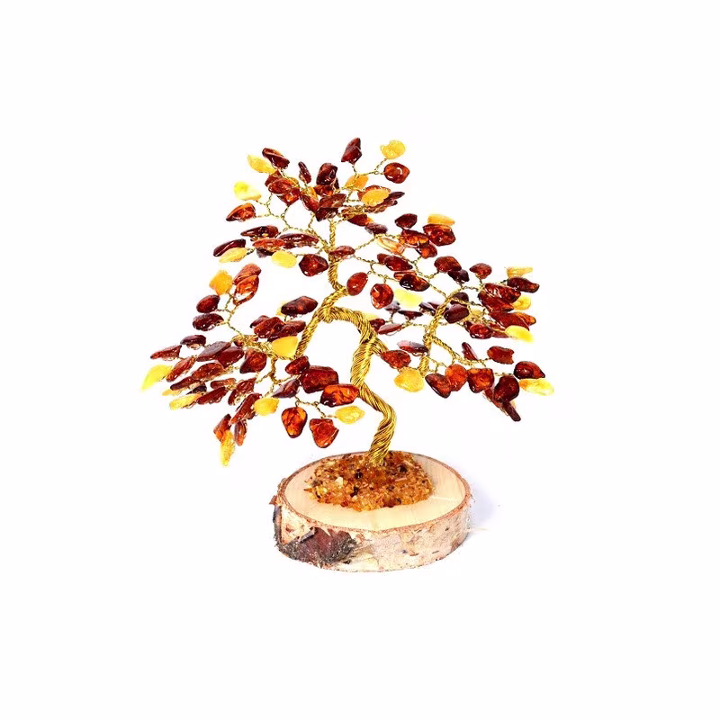 12 cm großer Baum des Glücks aus Bernstein und Birkenholz