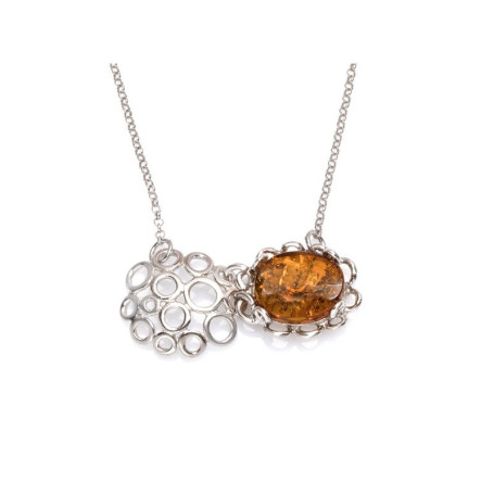 Natural cognac amber necklace, rhodium-plated 925 silver, adjustable 42+3 cm