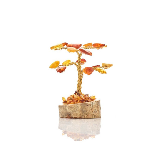 Árbol de la felicidad en ámbar báltico y base de madera.