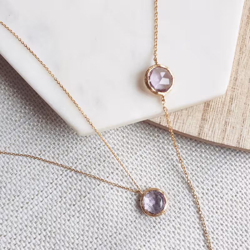 Collier en améthyste violette, argent 925 doré, longueur ajustable 42+3 cm