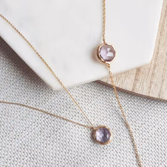 Collier en améthyste violette, argent 925 doré, longueur ajustable 42+3 cm
