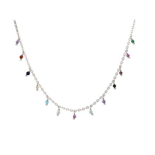 Multi-stone necklace, rhodium-plated 925 silver, adjustable length 40+3 cm