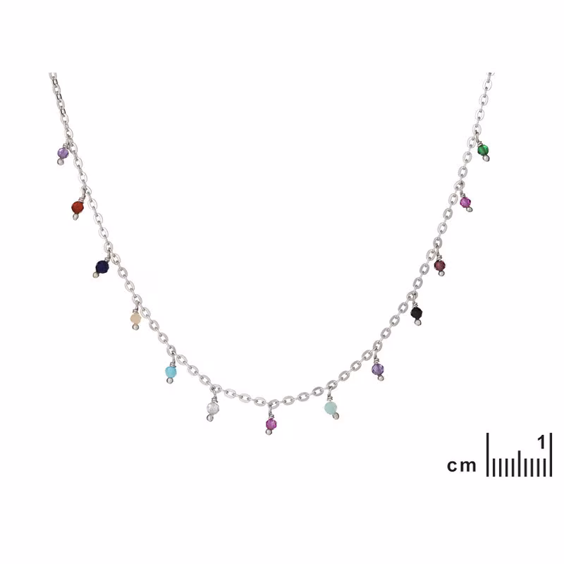 Multi-stone necklace, rhodium-plated 925 silver, adjustable length 40+3 cm