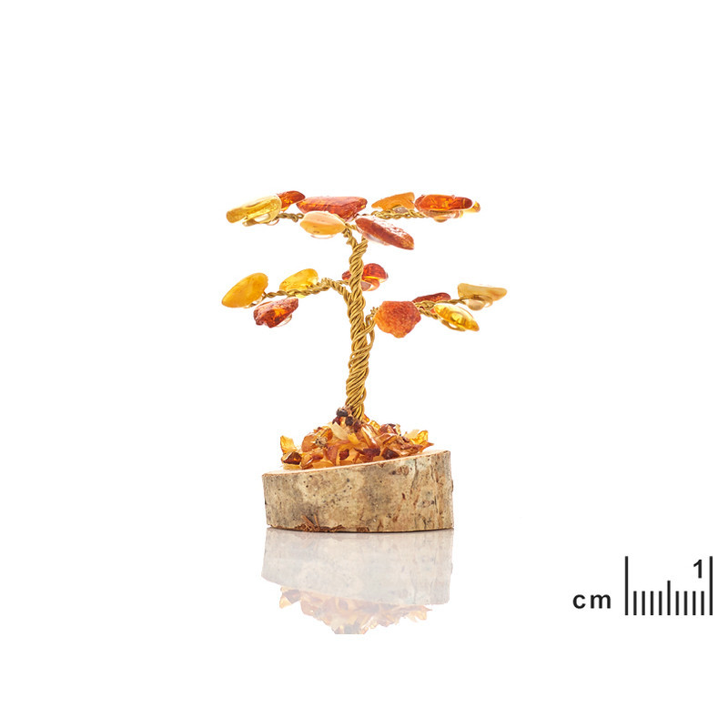 Árbol de la felicidad en ámbar báltico y base de madera.