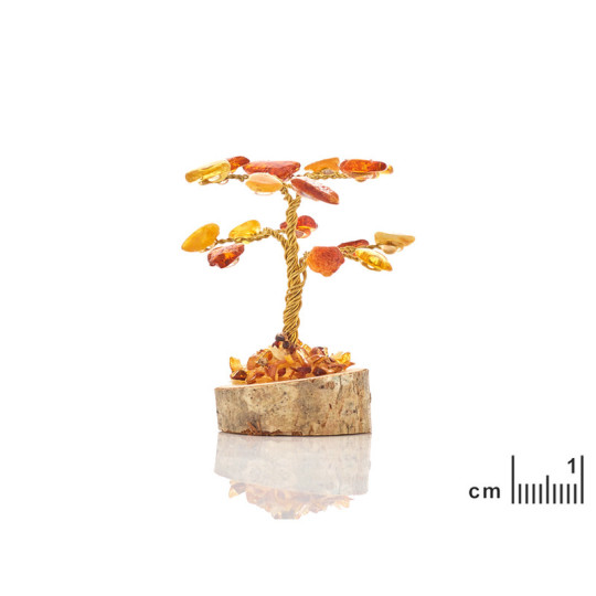 Árbol de la felicidad en ámbar báltico y base de madera.