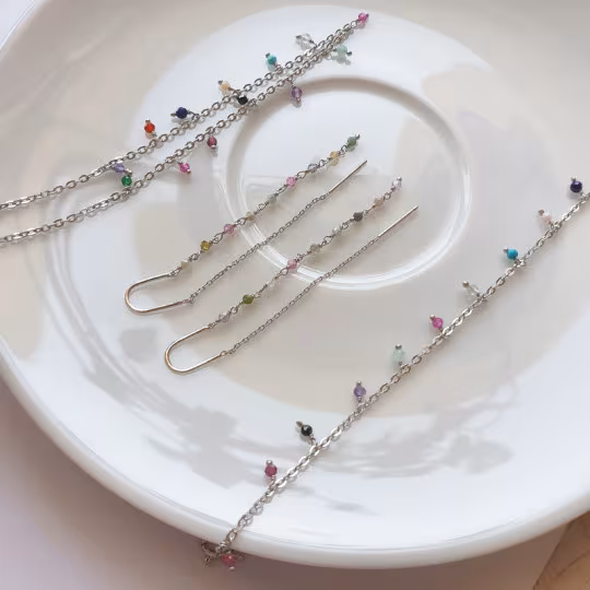 Multi-stone necklace, rhodium-plated 925 silver, adjustable length 40+3 cm