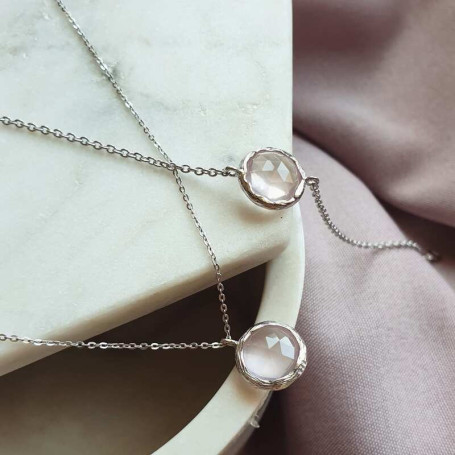 Natural rose quartz necklace, rhodium-plated 925 silver, adjustable 42+3 cm