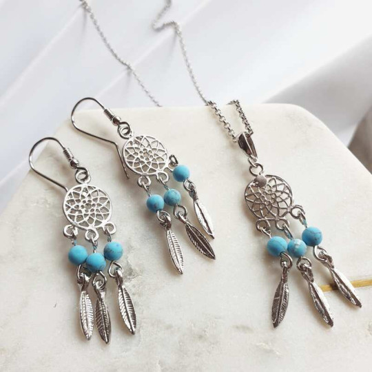 Collier en turquoise bleue, argent 925 rhodié, longueur ajustable 42+3 cm
