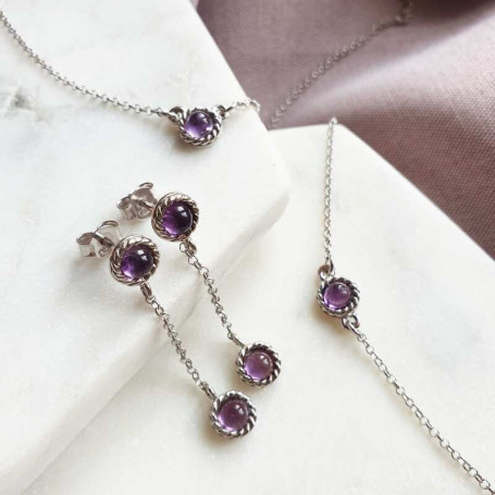 Round purple amethyst necklace, rhodium-plated 925 silver, adjustable 40+5 cm