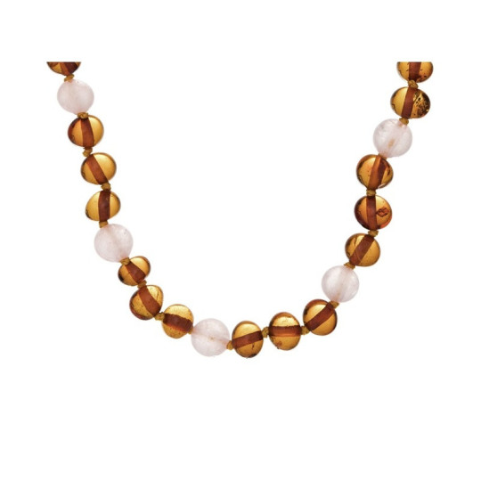 Collana per noenati in ambra e quarzo rosa, chiusura a clip, lunghezza 32 - 33 cm