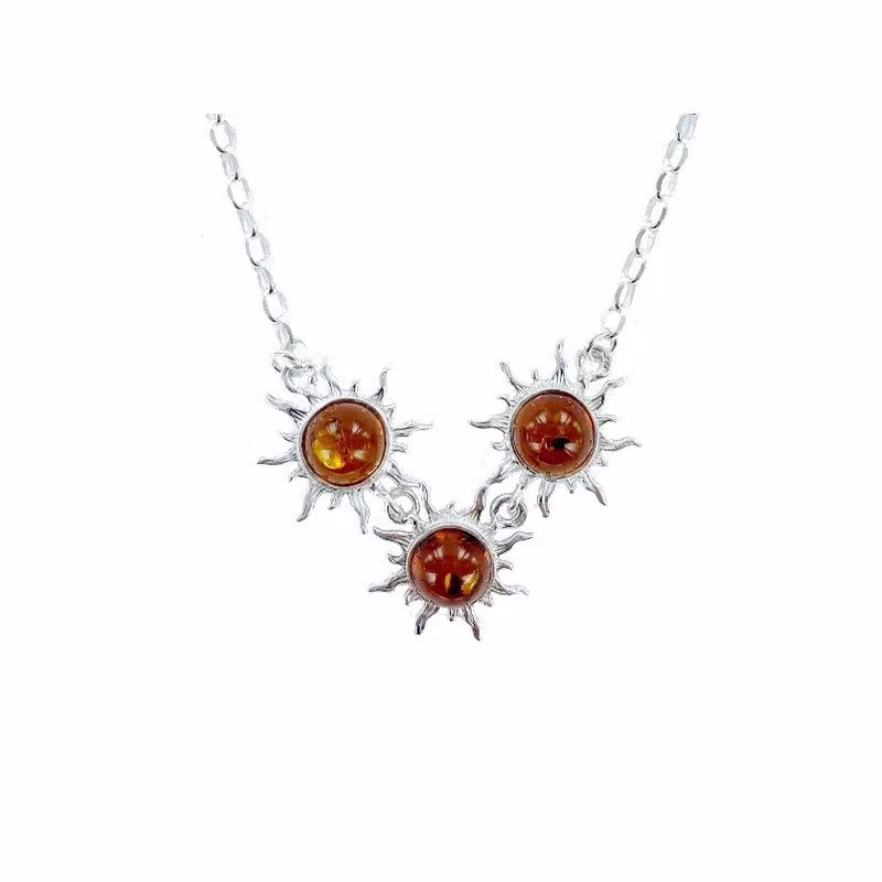 Collier en ambre cognac naturel de la mer Baltique rond, en argent 925