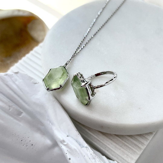 Green prehnite necklace, rhodium-plated 925 silver, adjustable length 42+3 cm