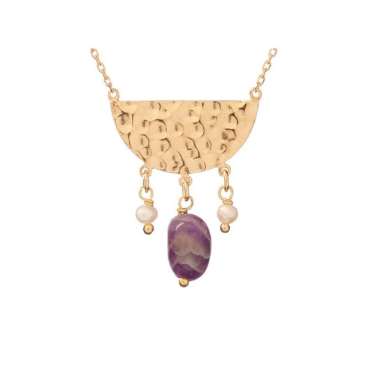 Collana di ametista e perle, argento 925 dorato , lunghezza regolabile 42+3 cm