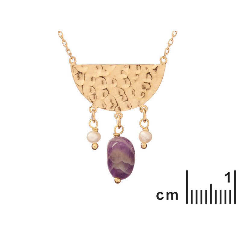 Collana di ametista e perle, argento 925 dorato , lunghezza regolabile 42+3 cm
