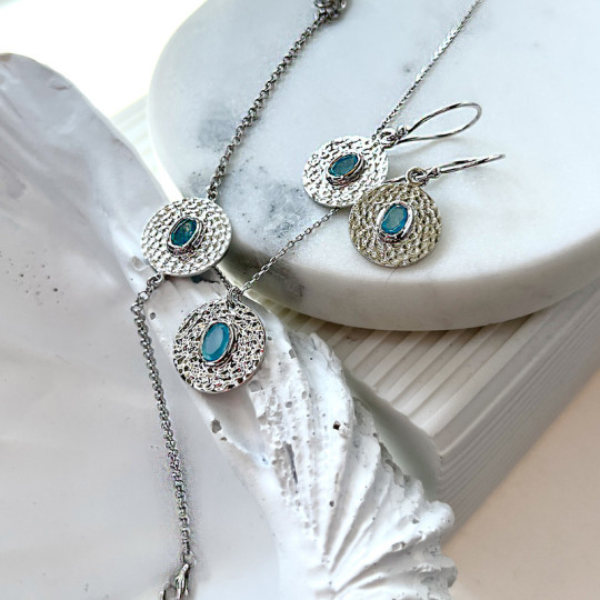 Collier en calcédoine bleue, argent 925 rhodié, longueur ajustable 42+3 cm