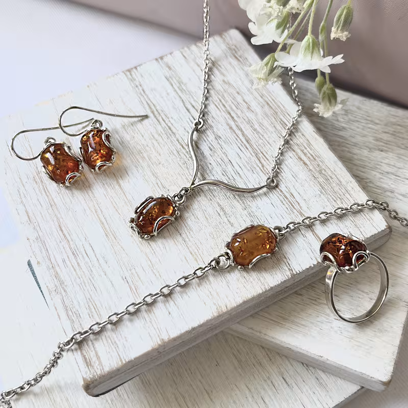 Cognac-Bernsteinkette, 925 Silber, 41+4 cm