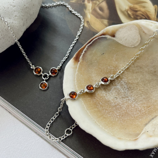 Collana in ambra naturale color cognac, argento 925, regolabile 42+4 cm