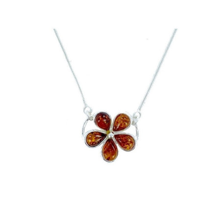 Collana con fiore a goccia in ambra naturale color cognac, argento 925