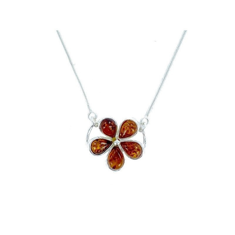Collier fleur en ambre cognac naturel goutte, en argent 925