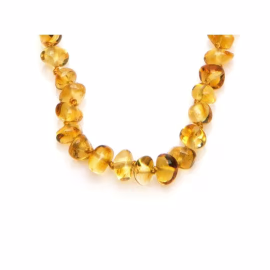 Collier bébé en ambre miel, fermoir clip, longueur 32 - 33 cm