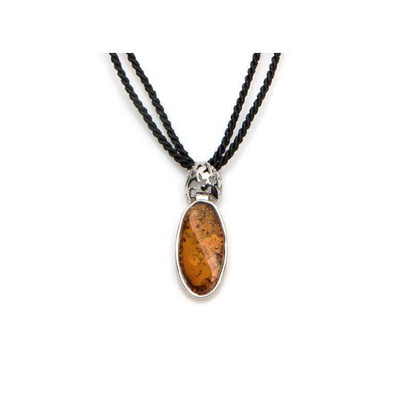 Collier en ambre cognac naturel de la mer Baltique, en argent 925 rhodié