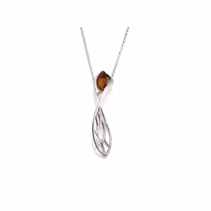 Collier en ambre cognac naturel, argent 925 rhodié, ajustable 42+3 cm