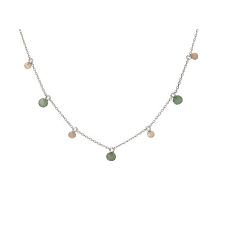 Collier en pierre de lune et aventurine, argent 925 rhodié, ajustable 40+3 cm
