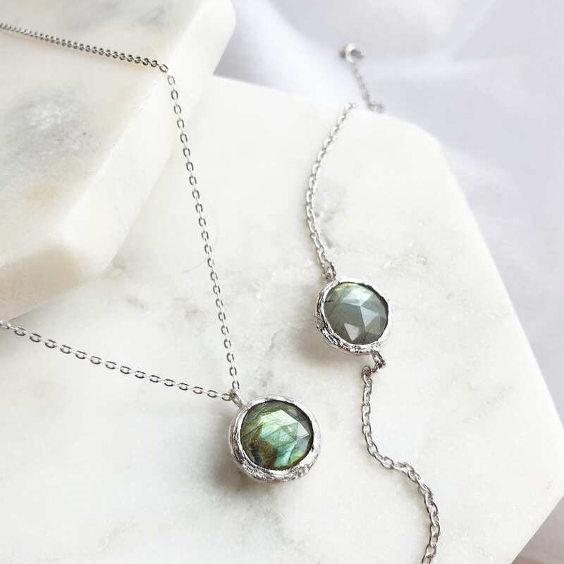 Labradorite necklace, rhodium-plated 925 silver, adjustable length 42+3 cm
