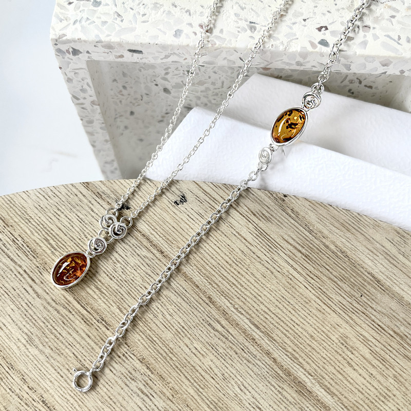 Collana in ambra cognac, argento 925, 41+4 cm