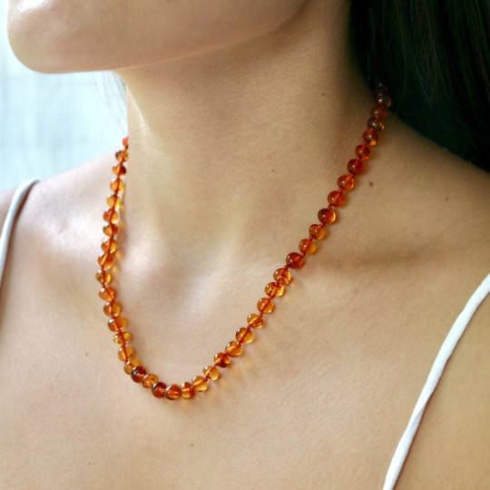Collar de ámbar báltico natural color coñac barroco, longitud 42 cm