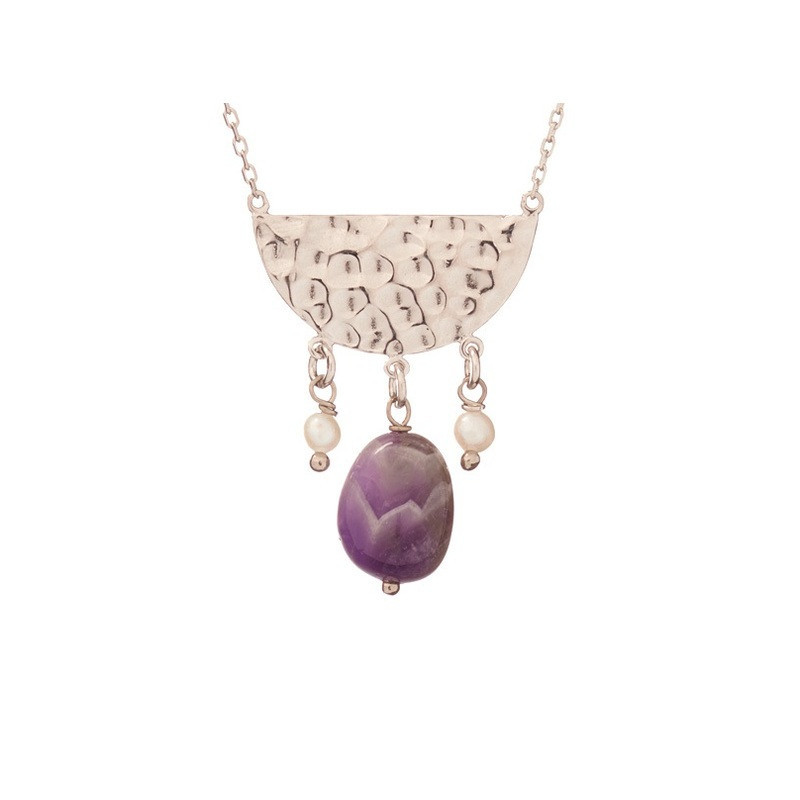 Collana di ametista e perle, argento 925 rodiato, lunghezza regolabile 42+3 cm