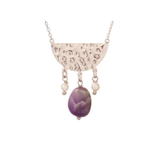 Amethyst and pearl necklace, rhodium-plated 925 silver, adjustable length 42+3 cm