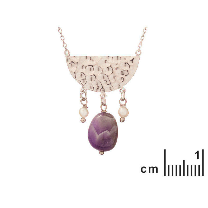 Amethyst and pearl necklace, rhodium-plated 925 silver, adjustable length 42+3 cm