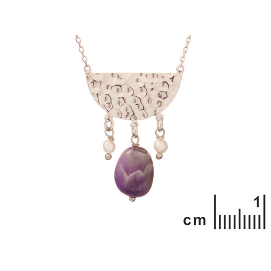 Amethyst and pearl necklace, rhodium-plated 925 silver, adjustable length 42+3 cm